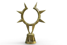 Ornate gold statue with a spiked ring mounted on a pedestal against a black background.