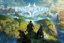 Three Enshrouded adventurers look out across a broad landscape of forests, mountains, and distant settlements.