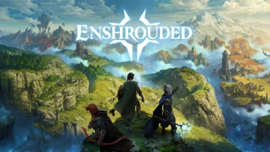 Three Enshrouded adventurers look out across a broad landscape of forests, mountains, and distant settlements.