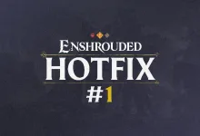 The Enshrouded Hotfix #1 title appears in white and gold lettering on a dark textured background.