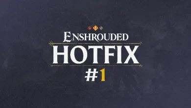 The Enshrouded Hotfix #1 title appears in white and gold lettering on a dark textured background.