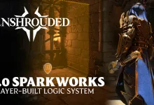 An armored Enshrouded character stands in a stone passage beside the Sparkworks player-built logic system title.
