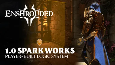 An armored Enshrouded character stands in a stone passage beside the Sparkworks player-built logic system title.