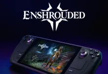 A Steam Deck displays Enshrouded gameplay beneath the game's logo.