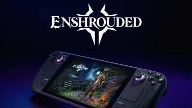 A Steam Deck displays Enshrouded gameplay beneath the game's logo.