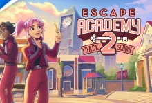 Two students stand in front of the Escape Academy campus beside the Escape Academy 2: Back 2 School logo.