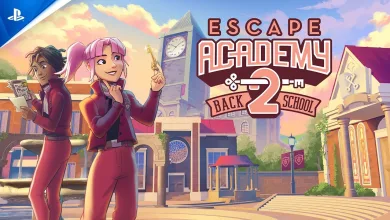 Two students stand in front of the Escape Academy campus beside the Escape Academy 2: Back 2 School logo.