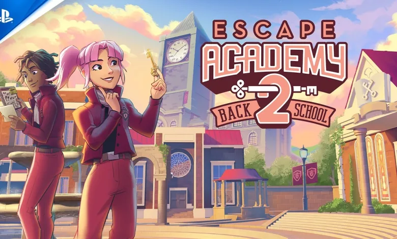 Two students stand in front of the Escape Academy campus beside the Escape Academy 2: Back 2 School logo.