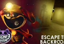 A grinning toy character from Escape from Playtime appears beside a yellow Backrooms corridor, with both game titles shown.