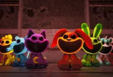A lineup of colorful Smiling Critters stands inside a factory in Escape from Playtime.