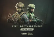 Two armored Escape from Tarkov operators stand back-to-back with rifles in EXFIL Brothers Twitch Drops event artwork.