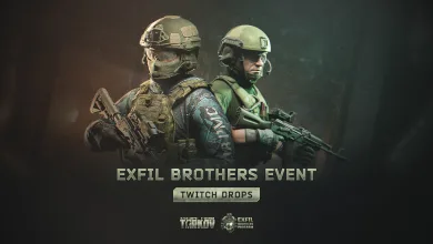 Two armored Escape from Tarkov operators stand back-to-back with rifles in EXFIL Brothers Twitch Drops event artwork.