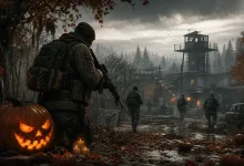 Armed PMC soldiers approach a compound beneath a watchtower, passing autumn leaves, candles, and glowing jack-o'-lanterns.