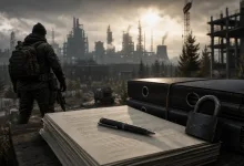 A stack of legal papers with a pen and padlock sits in the foreground, with an armed operative overlooking an industrial landscape.