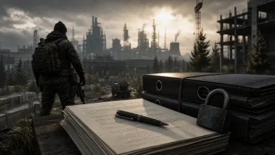 A stack of legal papers with a pen and padlock sits in the foreground, with an armed operative overlooking an industrial landscape.
