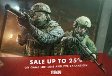 Two armed Escape from Tarkov operators appear above an announcement for discounts on game editions and the PvE expansion.