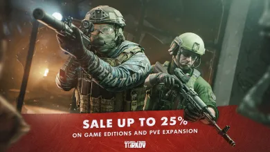 Two armed Escape from Tarkov operators appear above an announcement for discounts on game editions and the PvE expansion.