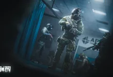 Armed Escape from Tarkov operators move through a blue-lit tactical interior.