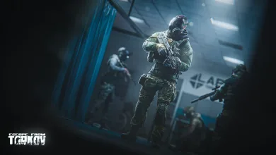 Armed Escape from Tarkov operators move through a blue-lit tactical interior.