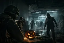 A helmeted soldier aims at several undead figures in a dark laboratory, with a glowing carved pumpkin in the foreground.