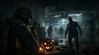 A helmeted soldier aims at several undead figures in a dark laboratory, with a glowing carved pumpkin in the foreground.