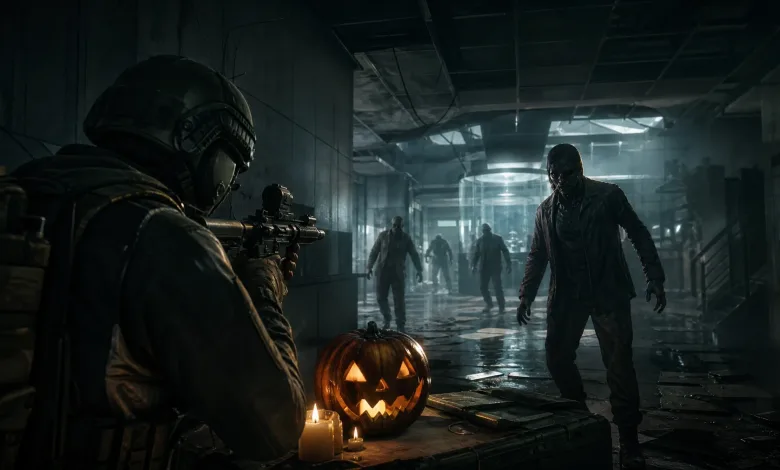 A helmeted soldier aims at several undead figures in a dark laboratory, with a glowing carved pumpkin in the foreground.