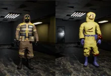 Two character skins stand side by side in a dim indoor corridor in Escape the Backrooms.