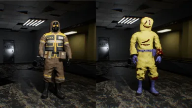 Two character skins stand side by side in a dim indoor corridor in Escape the Backrooms.