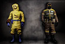 Two new Escape the Backrooms costumes stand against a tiled wall: a yellow figure with a smiling face and a character in a dark protective suit.