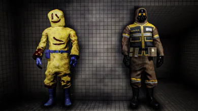 Two new Escape the Backrooms costumes stand against a tiled wall: a yellow figure with a smiling face and a character in a dark protective suit.