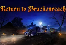 Two trucks travel past glowing pumpkins on a misty road beneath a moonlit sky, with a castle silhouette in the distance.