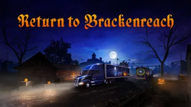 Two trucks travel past glowing pumpkins on a misty road beneath a moonlit sky, with a castle silhouette in the distance.