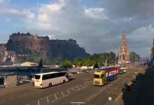 A coach and truck travel along an Edinburgh street, with Edinburgh Castle and the Scott Monument in the background.