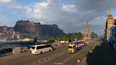 A coach and truck travel along an Edinburgh street, with Edinburgh Castle and the Scott Monument in the background.