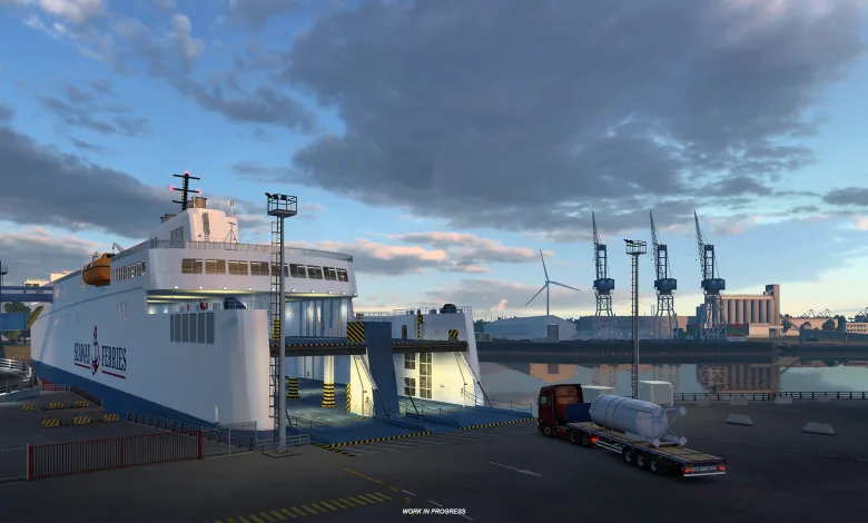 A truck waits beside a large ferry at an Icelandic port in Euro Truck Simulator 2.