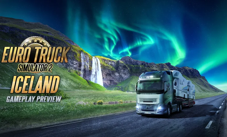A truck drives along an Icelandic road past a waterfall beneath the northern lights.