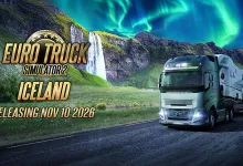 A truck drives through Icelandic scenery beneath the Northern Lights in artwork announcing the Iceland DLC release date.