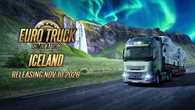 A truck drives through Icelandic scenery beneath the Northern Lights in artwork announcing the Iceland DLC release date.