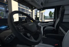 View of the Iveco S-Way steering wheel, dashboard and passenger seat in Euro Truck Simulator 2.