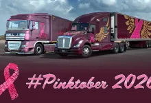 Two Euro Truck Simulator 2 trucks display pink charity liveries beside a breast cancer ribbon for Pinktober 2026.