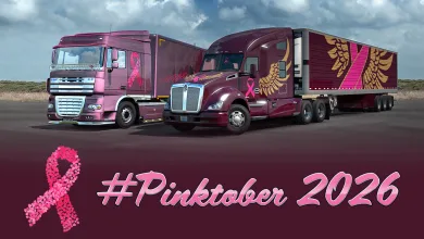 Two Euro Truck Simulator 2 trucks display pink charity liveries beside a breast cancer ribbon for Pinktober 2026.