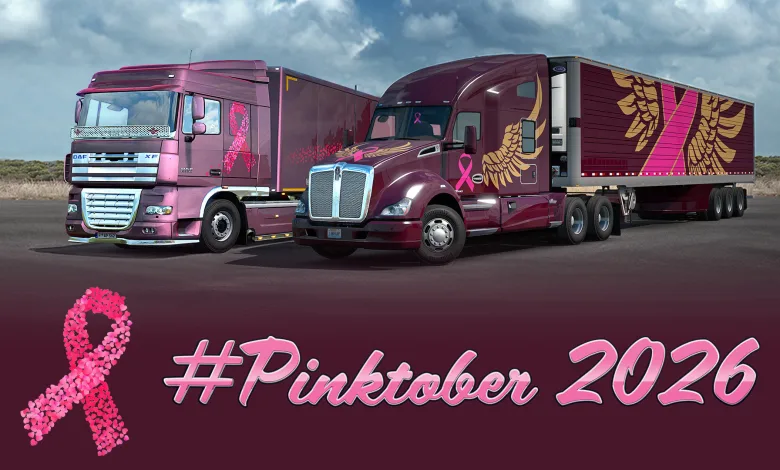 Two Euro Truck Simulator 2 trucks display pink charity liveries beside a breast cancer ribbon for Pinktober 2026.