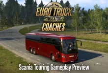 A red Scania Touring coach drives along a curving wooded road beneath Euro Truck Simulator 2 Coaches preview lettering.