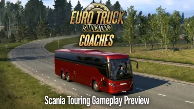 A red Scania Touring coach drives along a curving wooded road beneath Euro Truck Simulator 2 Coaches preview lettering.