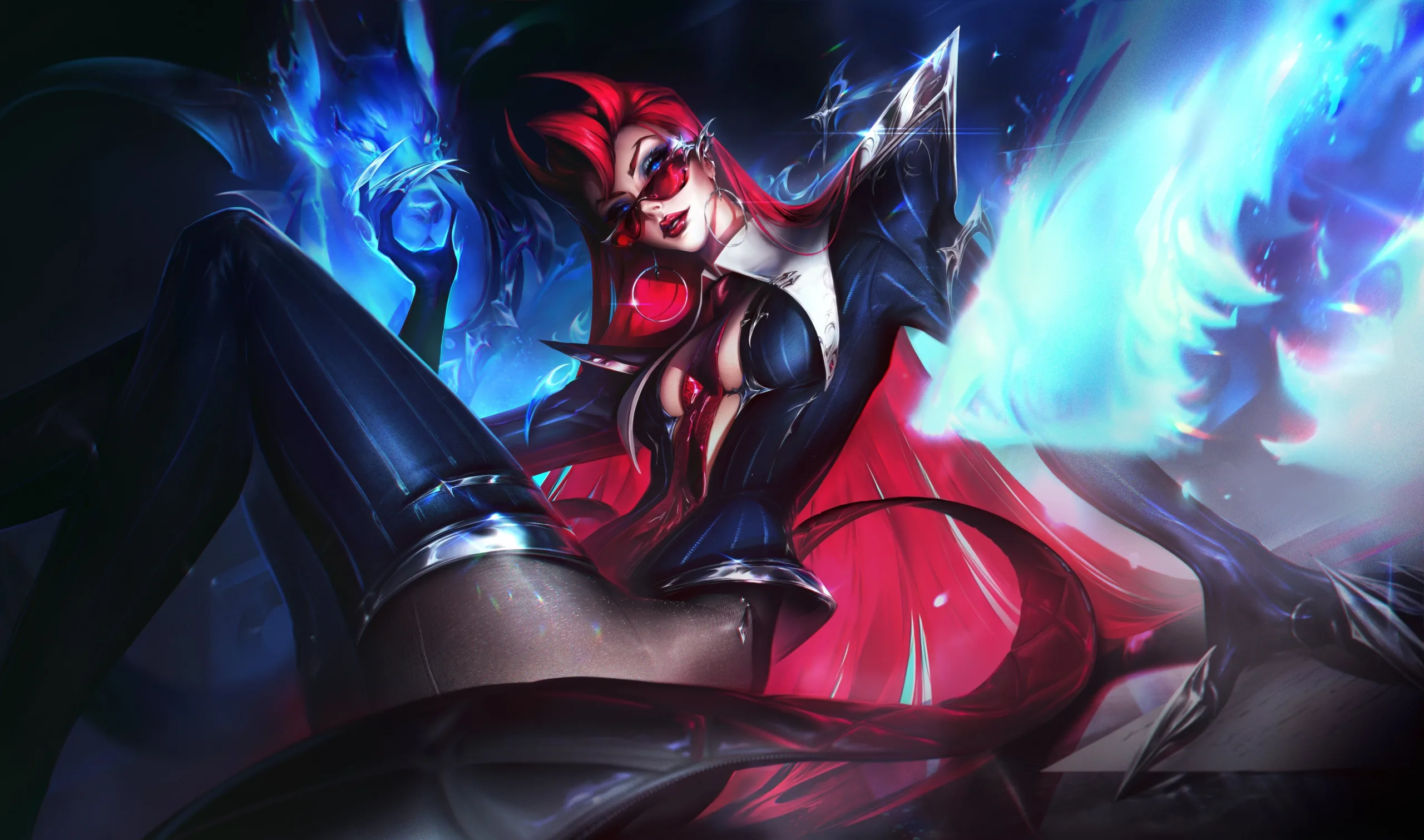 Evelynn in the K/DA Hitmaker skin surrounded by blue light.