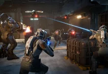 Armored characters exchange fire with robotic enemies inside a futuristic station in EXODUS.