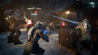 Armored characters exchange fire with robotic enemies inside a futuristic station in EXODUS.