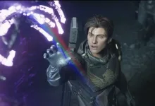 Jun in futuristic armor reaches toward a glowing purple formation.