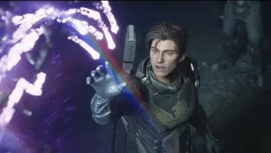 Jun in futuristic armor reaches toward a glowing purple formation.