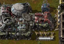 A dense Factorio factory with industrial machinery, production equipment, and robotic arms.